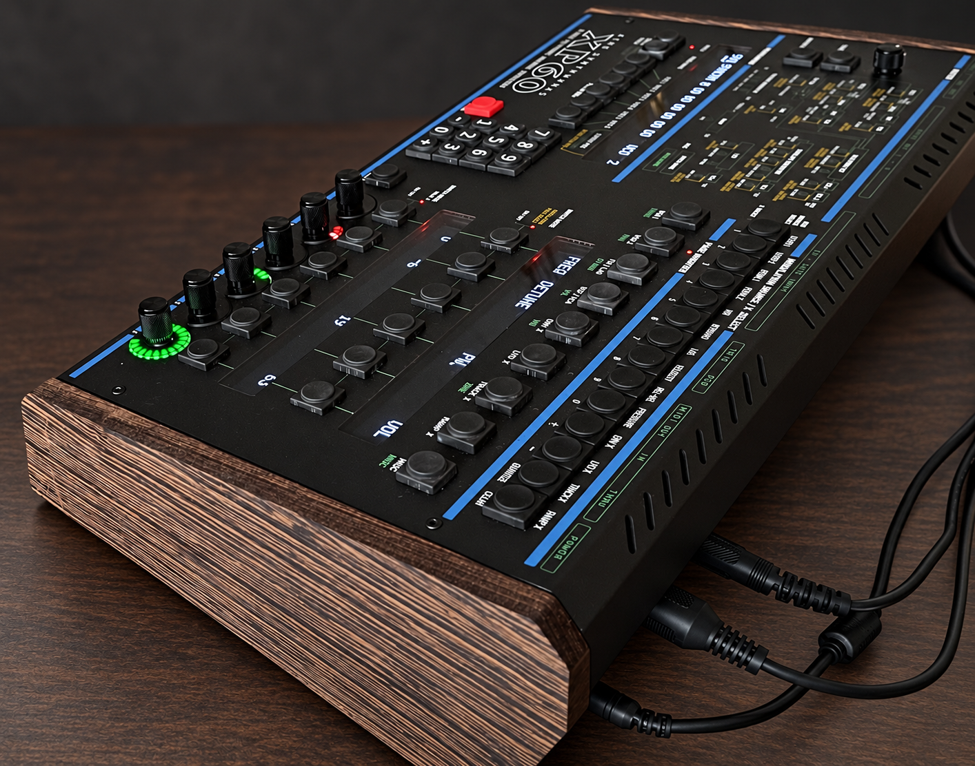 Angled view of the XP60 with dark wood side panels, illuminated encoders and control surface