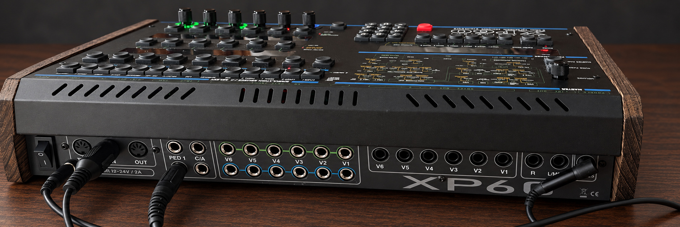 Rear panel of the XP60 showing MIDI, pedal, CV, Gate, individual voice and line connections